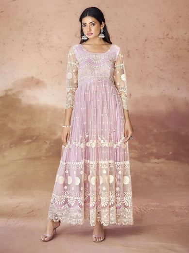 Fabulous Baby Pink Embroidered Net Festival Wear Gown